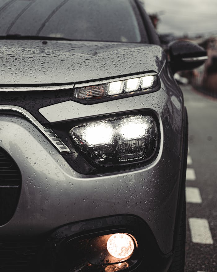 services-01 Detailed shot of a car headlight covered in raindrops on a city street in Girona, Spain.